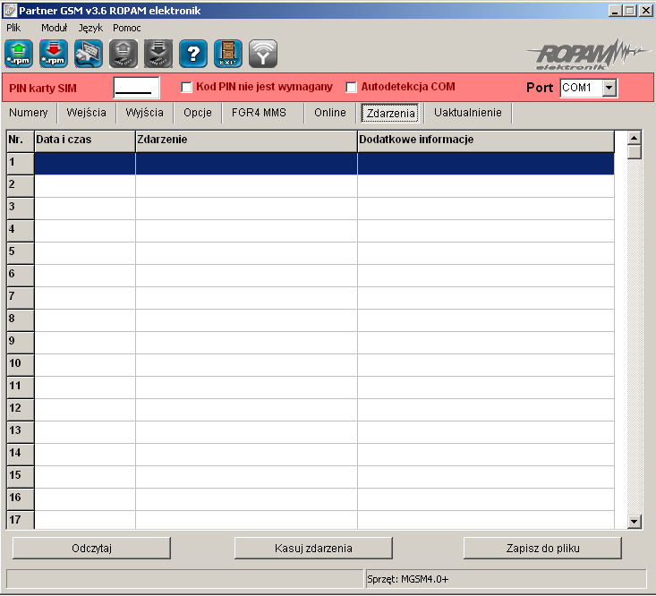 Okno zakładki ZDARZENIA podzielone jest na trzy kolumny: DATA i CZAS ZDARZENIA Format: ROK.MIES.DZIEŃ GODZ.