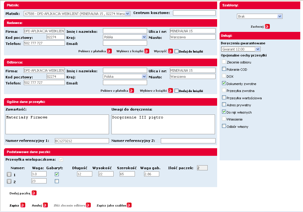 3. Przesyłki Dane odbiorcy/nadawcy można dowolnie zmodyfikować, a potem zapisać zmiany zaznaczając checkbox Dodaj do książki.