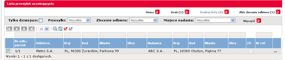 3. Przesyłki Użytkownik ma również możliwość złożenia zlecenia odbioru poprzez zapisanie zlecenia na liście przesyłek oczekujących (ze znacznikiem ZO), zaznaczenie zlecenia i kliknięcie na #Złóż