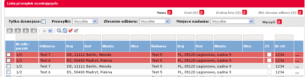 3. Przesyłki Zapisana przesyłka pojawi się na liście przesyłek oczekujących jako jeden wiersz, zawierający dane nadawcy oraz informacje o odbiorcach zdefiniowanej przesyłki seryjnej.