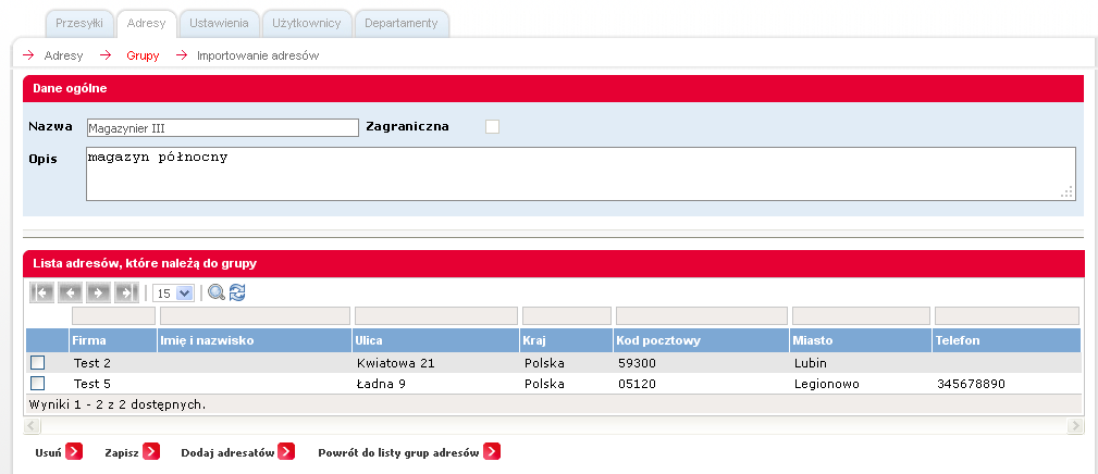 4. Adresy Aby wykluczyć dodany adres z grupy należy odznaczyć checkbox przy grupie, do której adres nie powinien należeć. Jeden adres może należeć do kilku grup odbiorców.