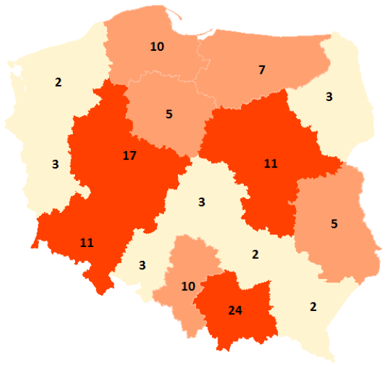 Do liderów stosowania formuły PPP w Polsce należą województwa: małopolskie, wielkopolskie, dolnośląskie, mazowieckie pomorskie i śląskie.