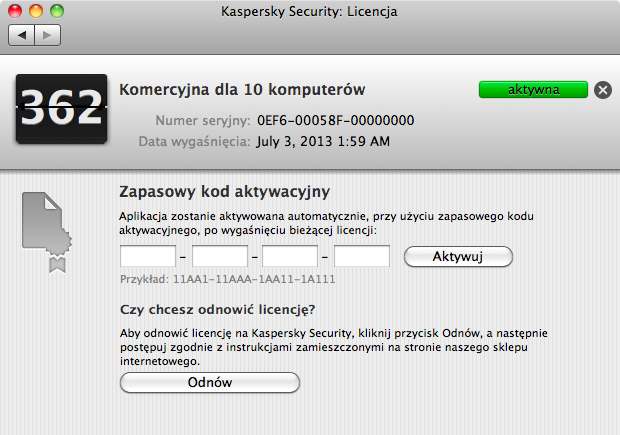 W otwartym oknie (zobacz poniższy rysunek) wyświetlane są następujące informacje: numer licencji, typ klucza (aktywny lub zapasowy), typ licencji (komercyjna lub testowa), maksymalna liczba