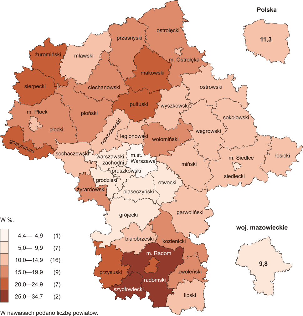 Stopa bezrobocia rejestrowanego w końcu października br. wyniosła 9,8% i była jedną z najniższych w kraju (średnia 11,3%). W skali miesiąca stopa bezrobocia obniżyła się o 0,2 p. proc.