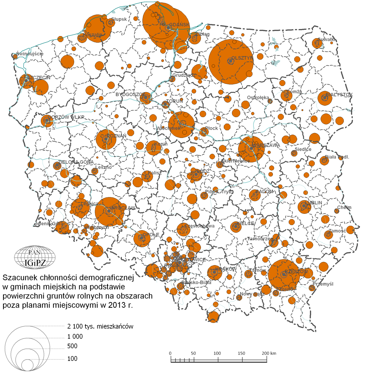 Ryc. 6.12. Szacunek chłonności demograficznej w miastach Polski w 2013 r. na podstawie zasobów gruntów rolnych. 6.6. Podsumowanie Wszystkie szacunki pokazują, że istnieje poważny problem nadpodaży terenów mieszkaniowych w Polsce.