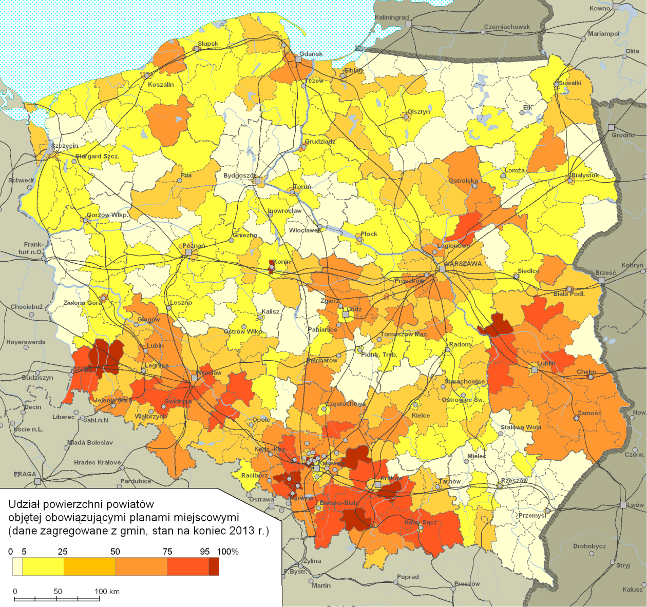 Ryc. 2.5. Pokrycie obowiązującymi planami miejscowymi w powiatach w końcu 2013 r.