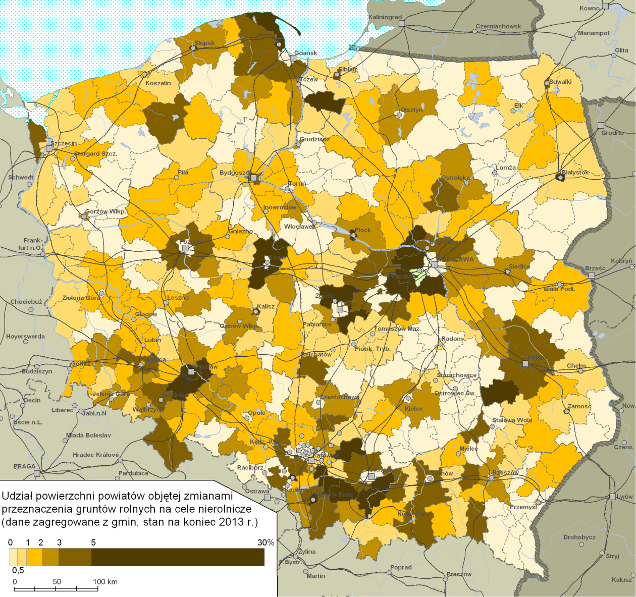 niekiedy nawet 30% powierzchni gmin.