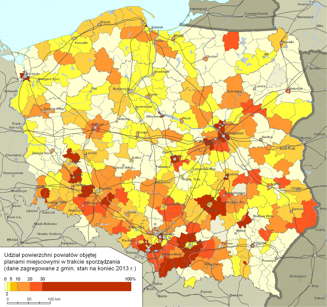 Ryc. 2.14. Pokrycie projektowanymi planami miejscowymi w powiatach w końcu 2013 r.