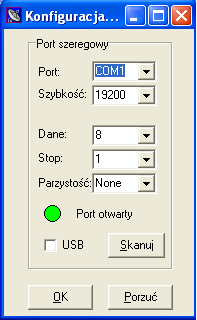 Konfiguracja portu szeregowego. Okno to pozwala na ustawienie wszystkich potrzebnych parametrów portu szeregowego do komunikacji ze sterownikiem.