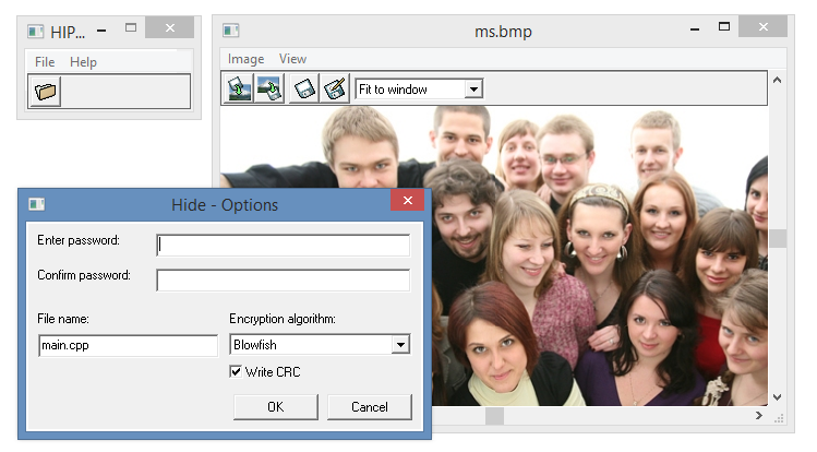 Hide In Picture Program umożliwia ukrycie pliku w bitmapie. Dodatkowo plik zabezpieczony jest hasłem. Do wyboru mamy dwa algorytmy szyfrujące Blowfih oraz AES.