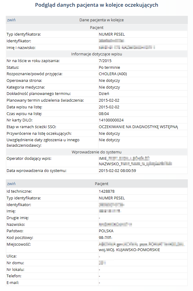 W kolumnie Operacje na Liście pacjentów oczekujących istnieje możliwość podglądu danych danego pacjenta służy do tego opcja Podgląd.