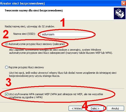 W następnym oknie muszą Państwo wypełnić odpowiednio dane sieci, z którą chcą się Państwo połączyć. W pole Nazwa sieci (SSID) należy wpisać eduroam.