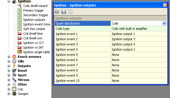 IGNITION OUTPUTS Tablica Ignition Outputs odpowiada za przyporządkowanie poszczególnych cylindrów (lub par cylindrów w przypadku wasted spark) do zdarzeń zapłonowych (Ignition events).