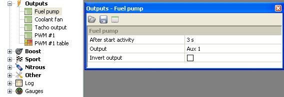 KONFIGURACJA PARAMETRÓW OUTPUTS FUEL PUMP Konfiguracja Fuel Pump określa wyjście oraz parametry sterowania pompą paliwa: After start activity - określa czas na jaki będzie uruchomiona pompa paliwa po