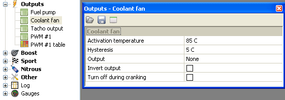 COOLANT FAN Obsługa wentylatora chłodnicy realizowana jest przez funkcje Coolant Fan. Activation temperature temperatura załączenia wentylatora, Hysteresis histereza.