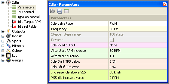 IDLE PARAMETERS Podstawowa konfiguracja kontroli wolnych obrotów znajduje się w opcjach Idle Parameters.