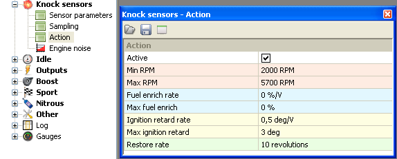 ENGINE NOISE Mapa 2D Engine Noise definiuje maksymalne napięcie z czujnika spalania stukowego dla poprawnego spalanie mieszanki w funkcji obrotów.