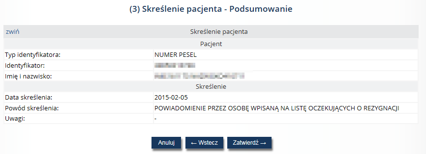 Rys. 5.22 Przykładowe okno skreślenia pacjenta data i powód skreślenia (1) Następnie operator wybiera ze słownika powód skreślenia pacjenta spośród następujących opcji: 1.