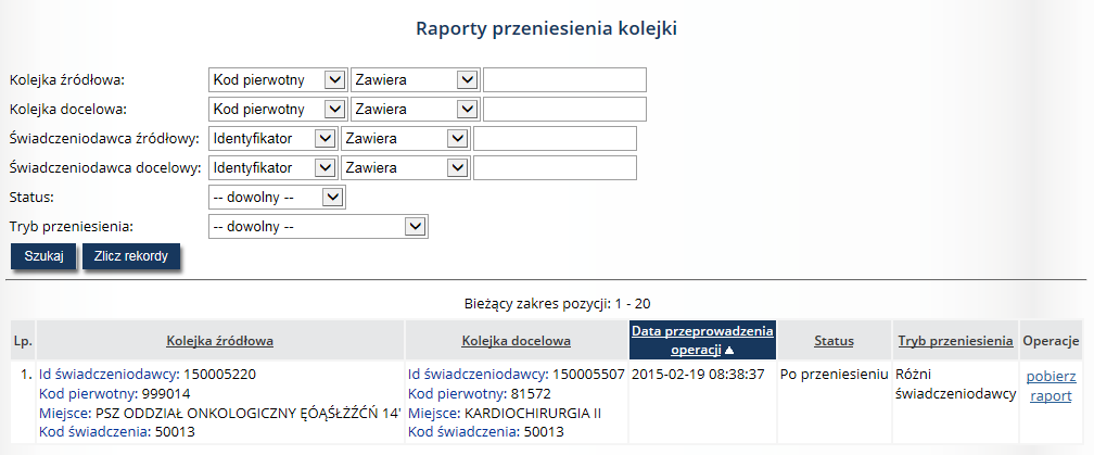 7.2. Raporty przeniesienia W przypadku dokonania przez administratora operacji przeniesienia danych z jednej kolejki do innej, wyniki takiej operacji będą prezentowane w menu: Raporty, podmenu: