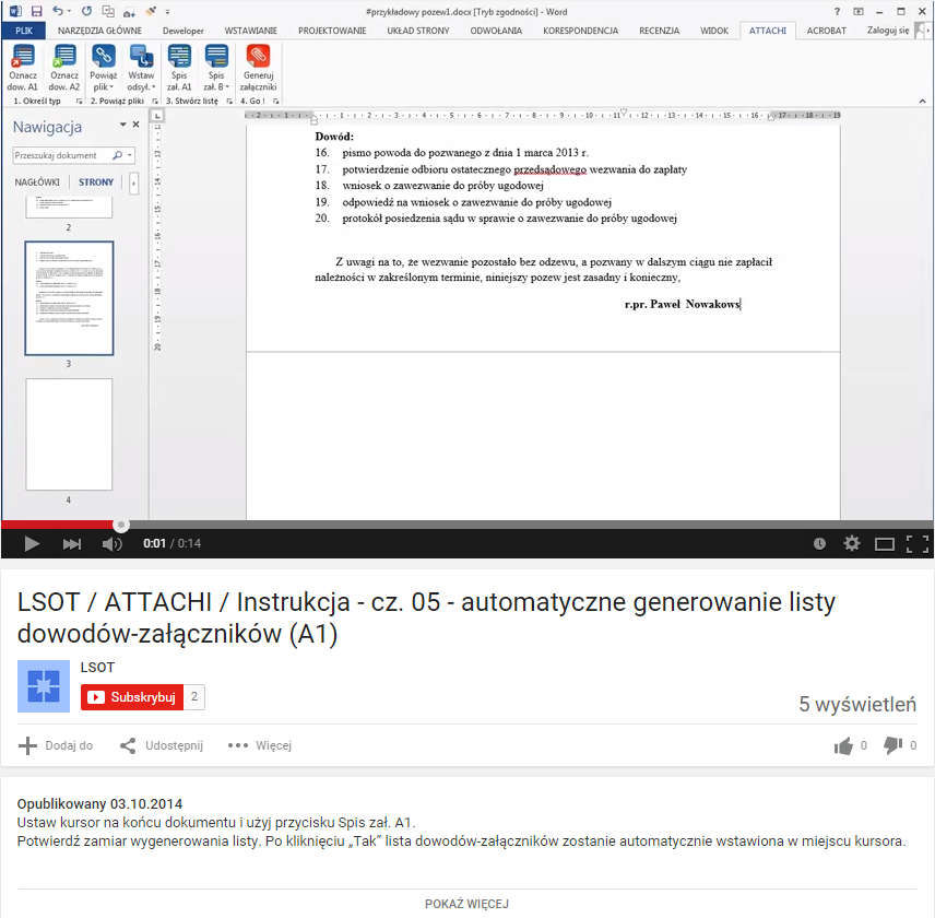 5.1.1. Klip wideo (14 s.) automatyczne generowanie dowodów-załączników (A1) Klip wideo (14 s.