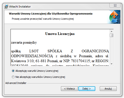 Instalator poprosi o zaakceptowanie warunków Umowy