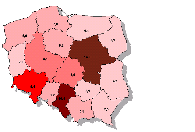 Udział w łącznej wartości godziwej według województw 7, 5,9 4,,9 6, 2,9 8,8 4,8