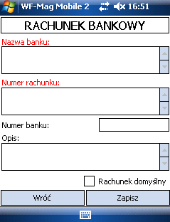 4.4.11. Dodanie lub edycja rachunku bankowego Rysunek 113. Nowy rachunek bankowy Pola edycji: Nazwa banku nazwa banku (pole obowiązkowe) Numer rachunku numer rachunku bankowego.