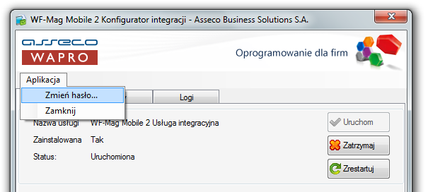 Rysunek 5. Konfigurator integracji Hasło dostępu możemy zmienić klikając Menu Aplikacja -> Zmień hasło. Rysunek 6.