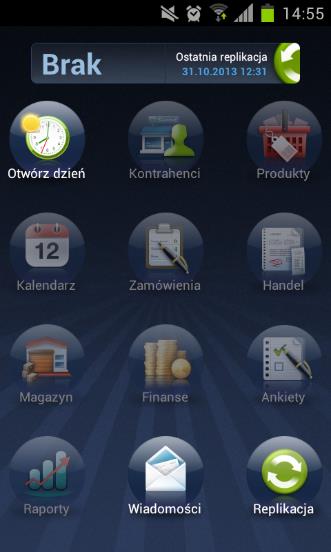 7.5. Rozpoczęcie dnia Po zalogowaniu do aktywowanej aplikacji menu główne zawiera 3 aktywne przyciski i wygląda następująco: Data, jaką wybierzemy w oknie Otwórz dzień Ostatnia replikacja.