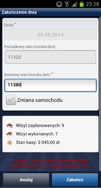 7.8. Zakończenie dnia Zakończenie dnia to bardzo istotny element pracy użytkownika mobilnego. Dlatego ekran końca dnia dostarcza użytkownikowi szereg niezbędnych informacji.