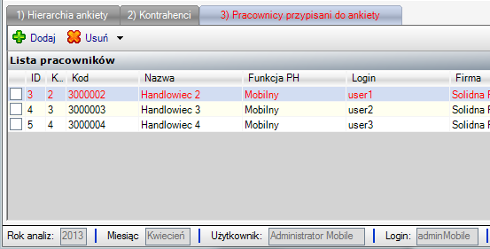 Zakładka Kontrahenci umożliwia przypisanie ankiety do wybranych kontrahentów. Po przypisaniu ankieta będzie dostępna podczas wizyty w kontekście wybranego kontrahenta.