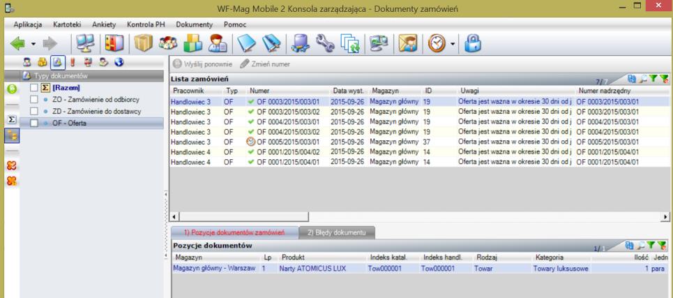 3.9.1. Oferty Dokumenty ofert są dostępne w menu Dokumenty -> Zamówienia, identyfikowane typem OF. Oferty są grupowane wg.