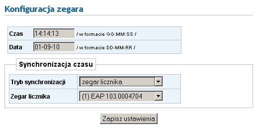 Widok strony www: Konfiguracja serwera 6.1.4 Opis parametrów zegara W zakładce Konfiguracja zegara, naleŝy zdefiniować parametry modułu opisane w poniŝszej tabeli.