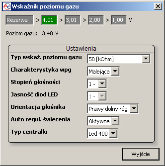 Poziom gazu sygnalizowany jest w przypadku centralek LED-300 linijką złożoną z 5 diod, zaś centralki LED-300/401B oraz LED-401 sygnalizują go za pomocą 4 diod ułożonych wokół przycisku.