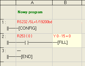 W przykładzie wykorzystano funkcję ---[ FILL ] do wyłączenia pierwszych 16 przekaźników wyjściowych sterownika przez zapisanie do wyjść impulsowych Y0 do Y15 stanu = 0.