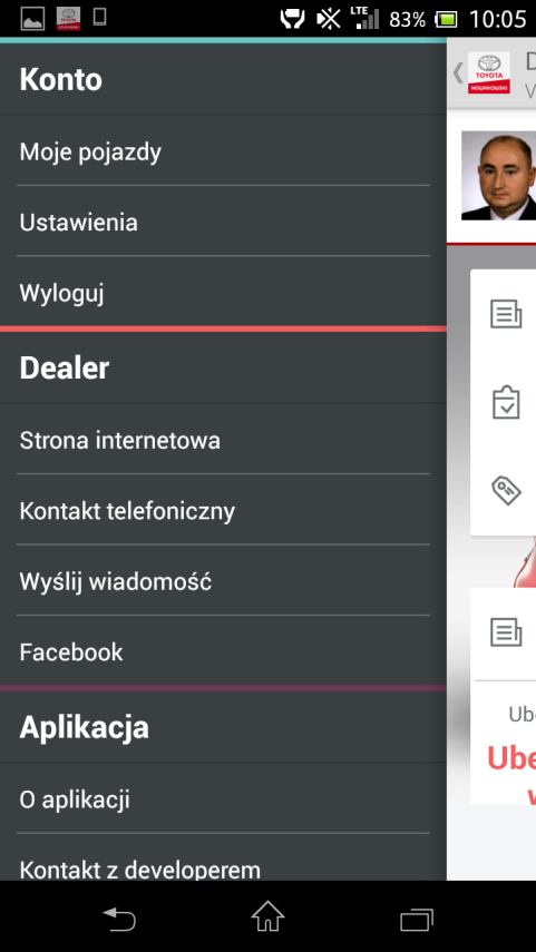 Menu Auto+ Menu, z poziomu którego udostępnione są funkcje: 1. Konto 1.1. Logowanie 1.2. Ustawienia 1.3. Pojazdy - dostępne dla zalogowanego użytkownika 2. Dealer 2.1. Strona internetowa - przechodzi do strony internetowej zdefiniowanej przez dealera 2.