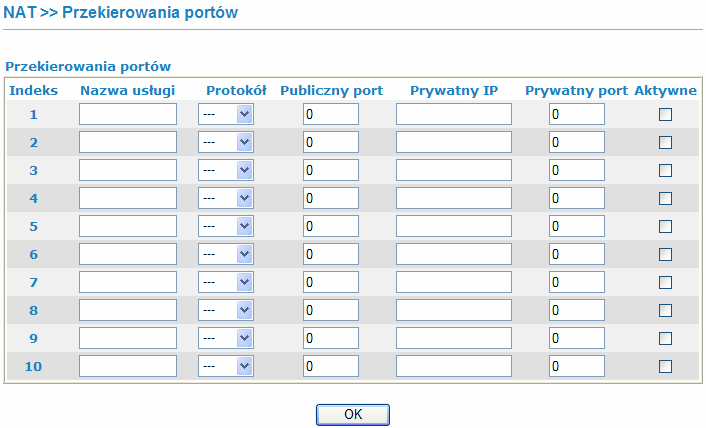 Przekierowania Portów Ustawienia te dotyczą ruchu przychodzącego od strony sieci publicznej, zaadresowanego na określony numer portu protokołu TCP bądź UDP.