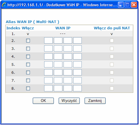 Indeks numer porządkowy Włącz zaznaczenie tego pola i wpisanie adresu powoduje jego wystąpienie na interfejsie WAN obok adresów już tam obecnych, tzn.