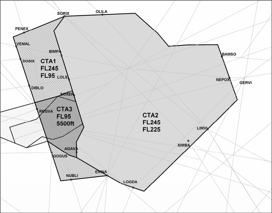 5.2 SCHEMAT TMA WARSZAWA Z ZAZNACZONYMI PRZESTRZENIAMI CTA-1, CTA-2 I CTA-3 5.2.1 W przestrzeni delegowanej z ACC Warszawa do APP Warszawa (CTA-1) minimalna wysokość wektorowania wynosi FL 100.