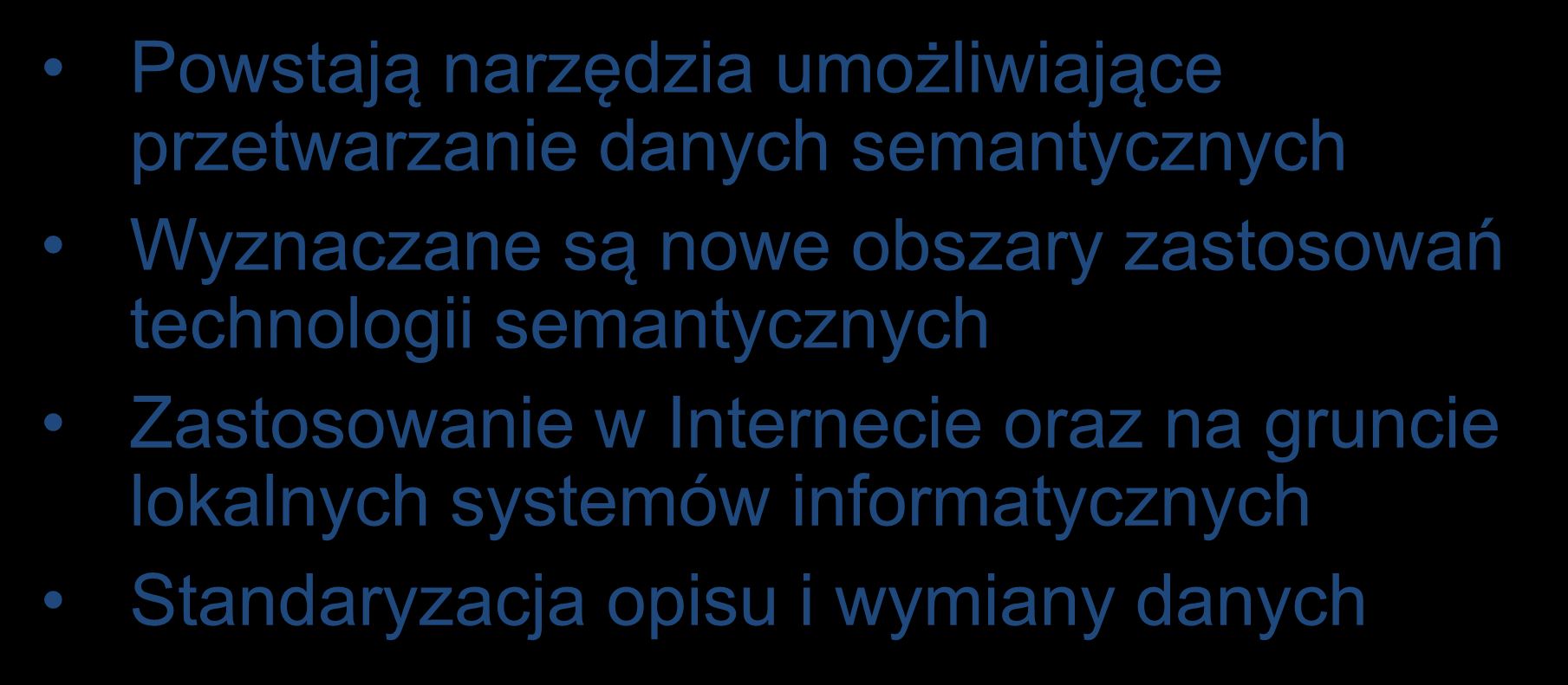 Możliwości zastosowania sieci semantycznych Powstają narzędzia umożliwiające przetwarzanie danych semantycznych Wyznaczane są nowe obszary