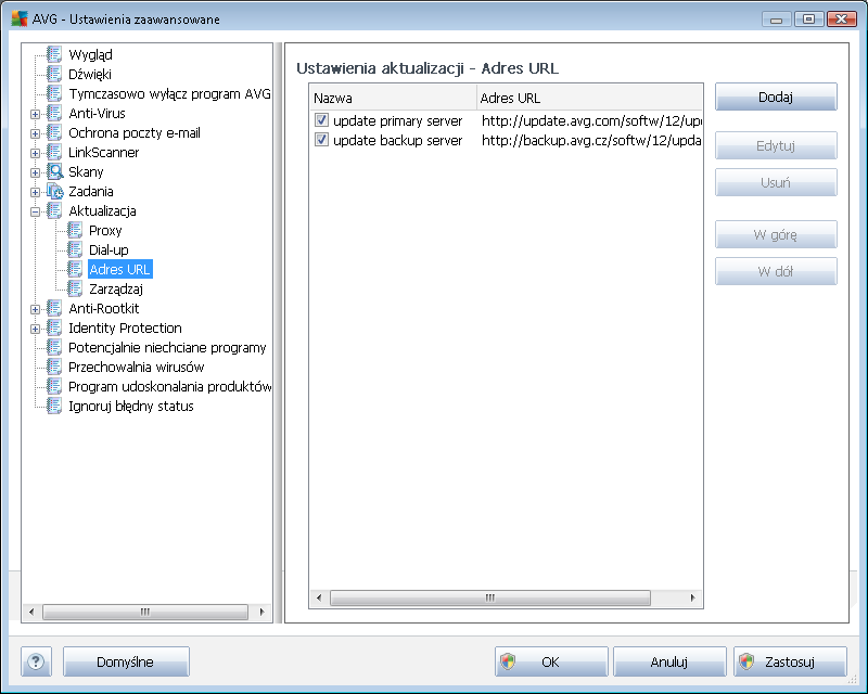 9.9.3. URL W oknie URL znajduje się lista adresów internetowych, z których będą pobierane pliki aktualizacyjne.