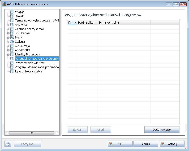 Okno Wyj ątki potencj alnie niechcianych programów zawiera listę już zdefiniowanych i aktualnie obowiązujących wyjątków potencjalnie niechcianych programów.