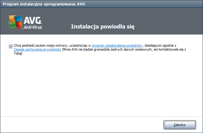 3.7. Instalacja powiodła się Wyświetlenie okna dialogowego Instalacj a powiodła się potwierdza, że system AVG Anti-Virus 2012 został w pełni zainstalowany i skonfigurowany: Program udoskonalania