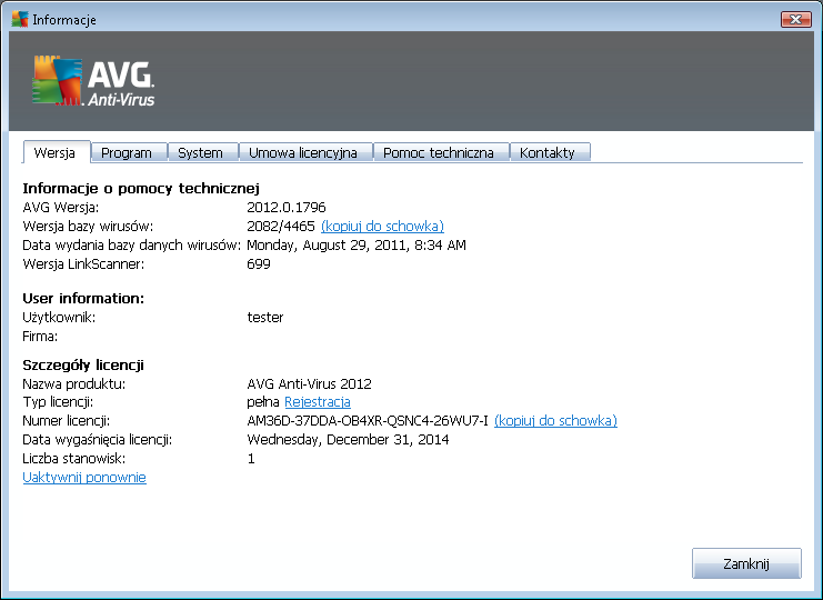 Karta Wersj a podzielona jest na trzy obszary: Informacj e o pomocy technicznej - Dostarcza informacji o wersjach: systemu AVG AntiVirus 2012, bazy wirusów, bazy danych składnika Anti-Spam oraz