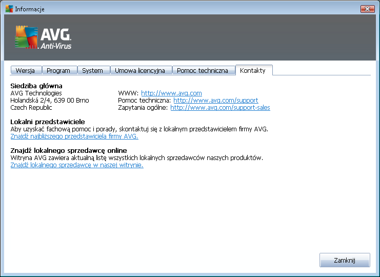 Karta Kontakt zawiera listę kontaktów do firmy AVG Technologies oraz jej lokalnych przedstawicieli i resellerów: 5.2.