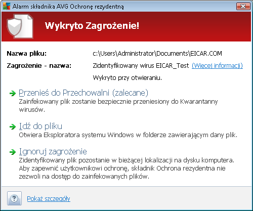 Anti-Virus 2012 (przeglądu składników). 6.1.5. Przypadki wykrycia przez Ochronę Rezydentną Wykryto zagrożenie!