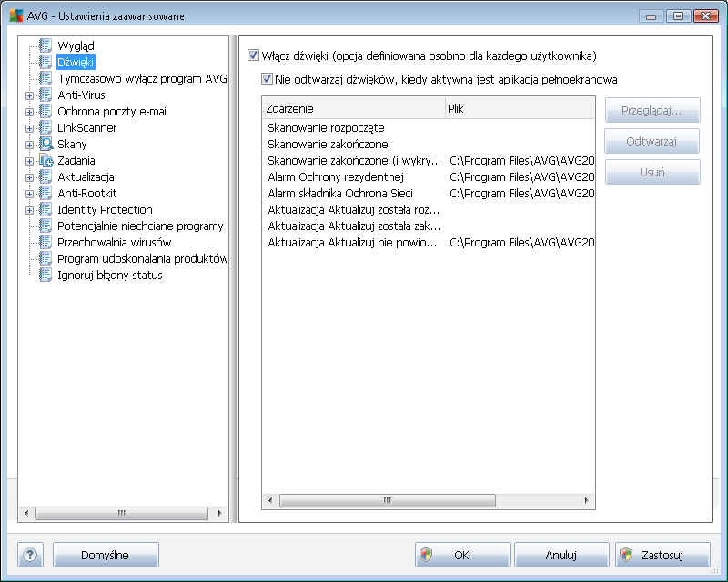 9.2. Dźwięki W oknie dialogowym Dźwięki można określić, czy system AVG Anti-Virus 2012 ma informować o określonych czynnościach za pomocą dźwięków: Ustawienia obowiązują wyłącznie dla bieżącego konta