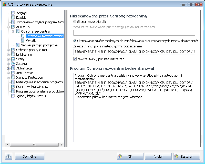 W oknie Pliki skanowane przez Ochronę Rezydentną można określić, które pliki mają być skanowane (według ich rozszerzeń): Zaznacz odpowiednie pole, w zależności od tego, czy chcesz skanować wszystkie