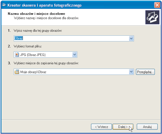 SKANOWANIE 6 Określ nazwę grupy, format i folder do zapisu obrazu, a następnie kliknij przycisk [Dalej].