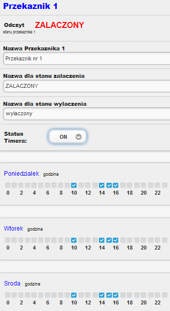 Klikając na +/- decydujemy o włączeniu bądź wyłączeniu danego przekaźnika przy załączonym przekaźniku zapala się symbol żarówki oraz wyświetla się napis w kolorze czerwonym ZAŁĄCZONY, przy wyłączonym